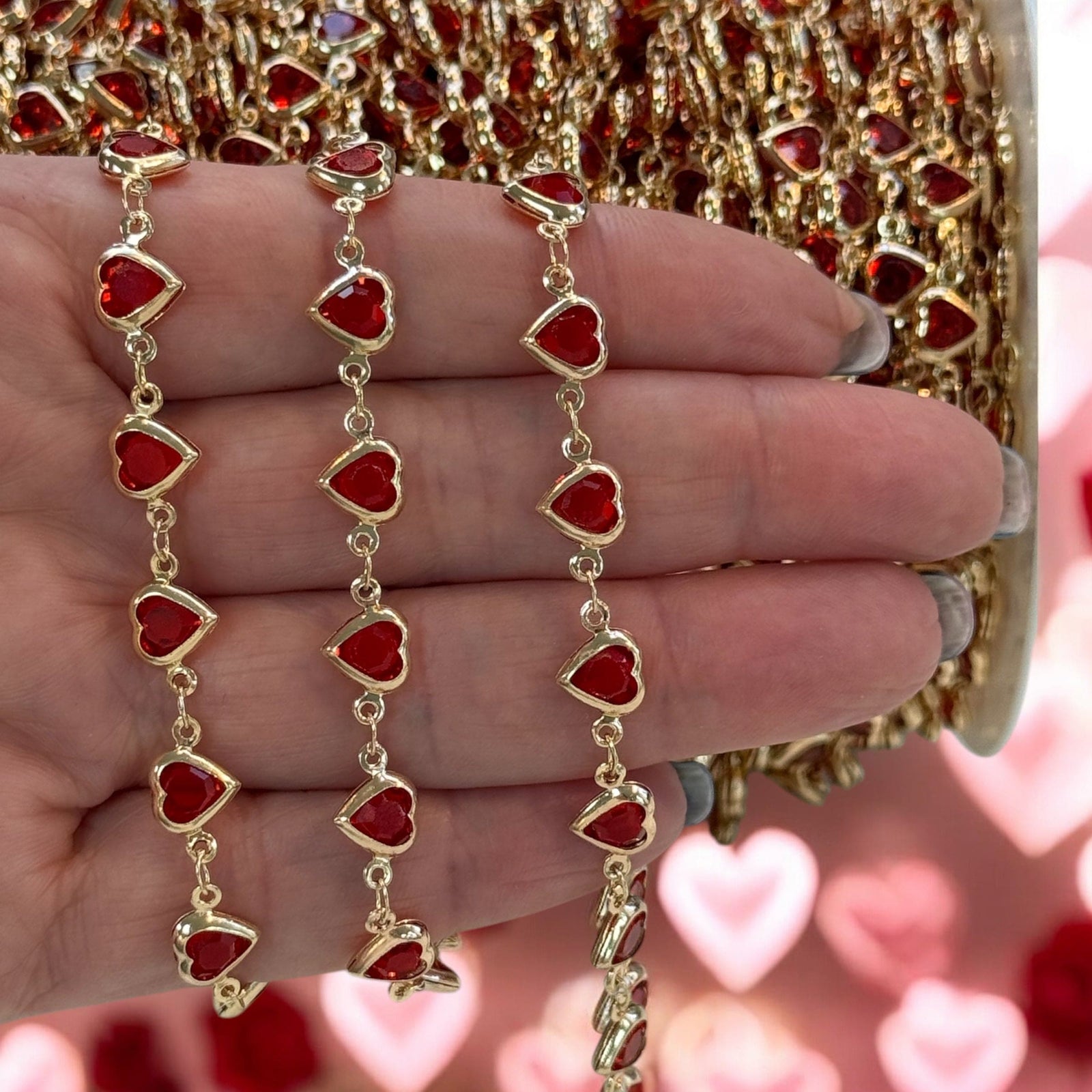 24K Gold Plated CZ Red Heart Chain – Horizontal Link Design