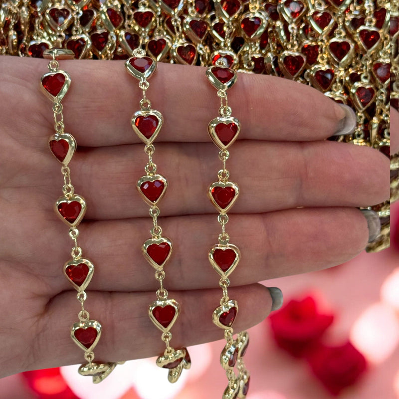 24K Gold Plated CZ Red Heart Chain – Vertical Link Design