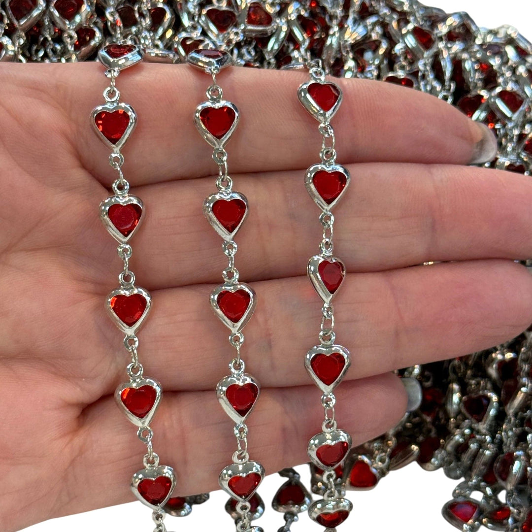 Rhodium Plated CZ Red Heart Chain – Vertical Link Design