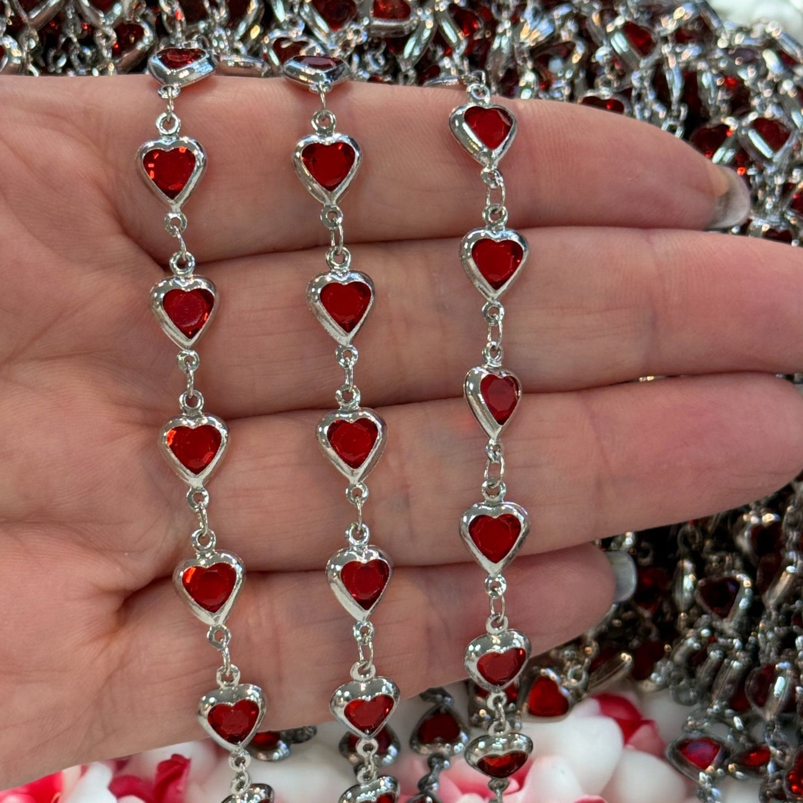 Rhodium Plated CZ Red Heart Chain – Vertical Link Design
