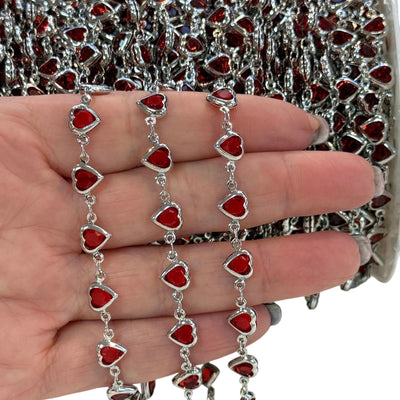 Rhodium Plated CZ Red Heart Chain – Horizontal Link Design