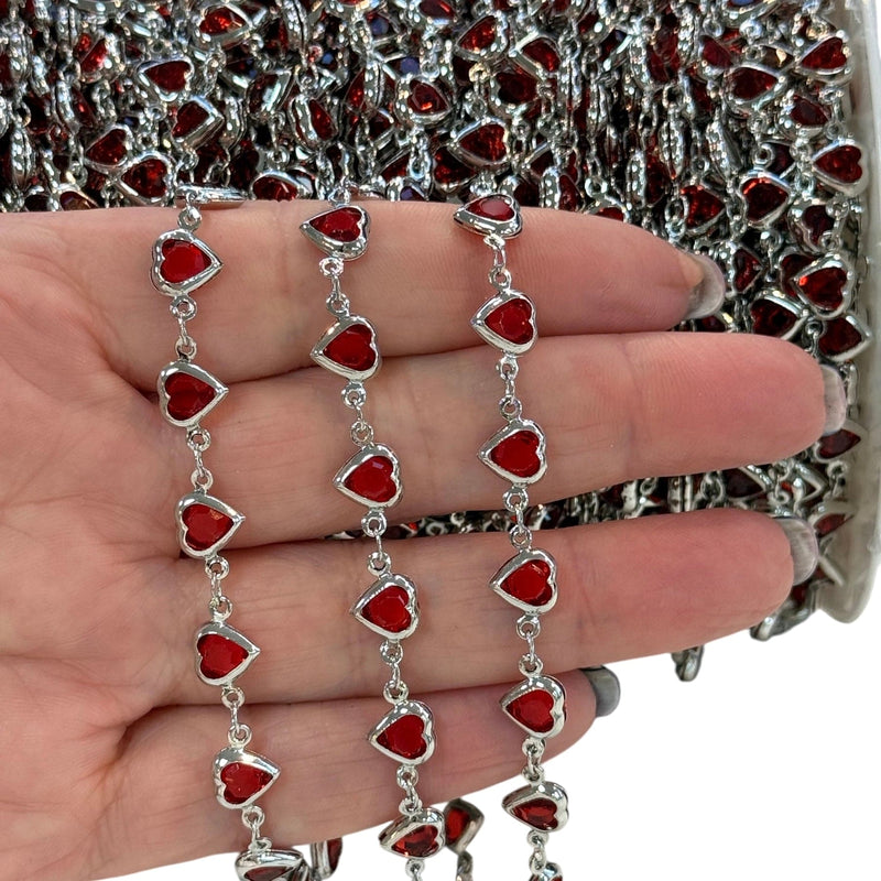 Rhodium Plated CZ Red Heart Chain – Horizontal Link Design