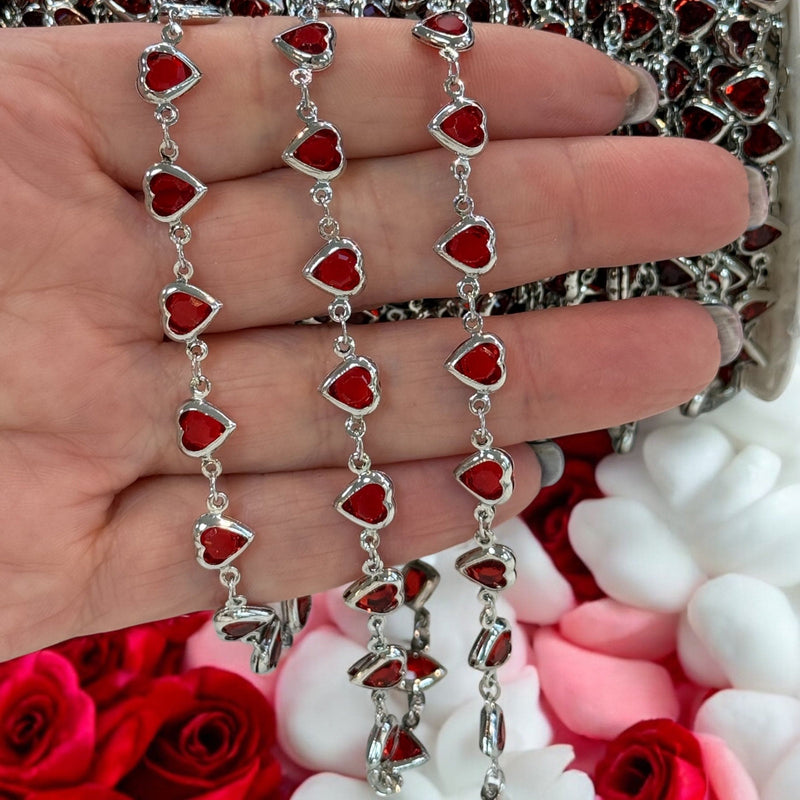 Rhodium Plated CZ Red Heart Chain – Horizontal Link Design