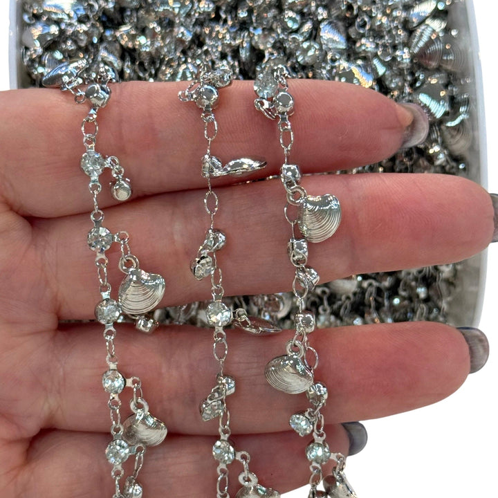 Rhodium Plated Shell &amp; Crystal Charm Chain