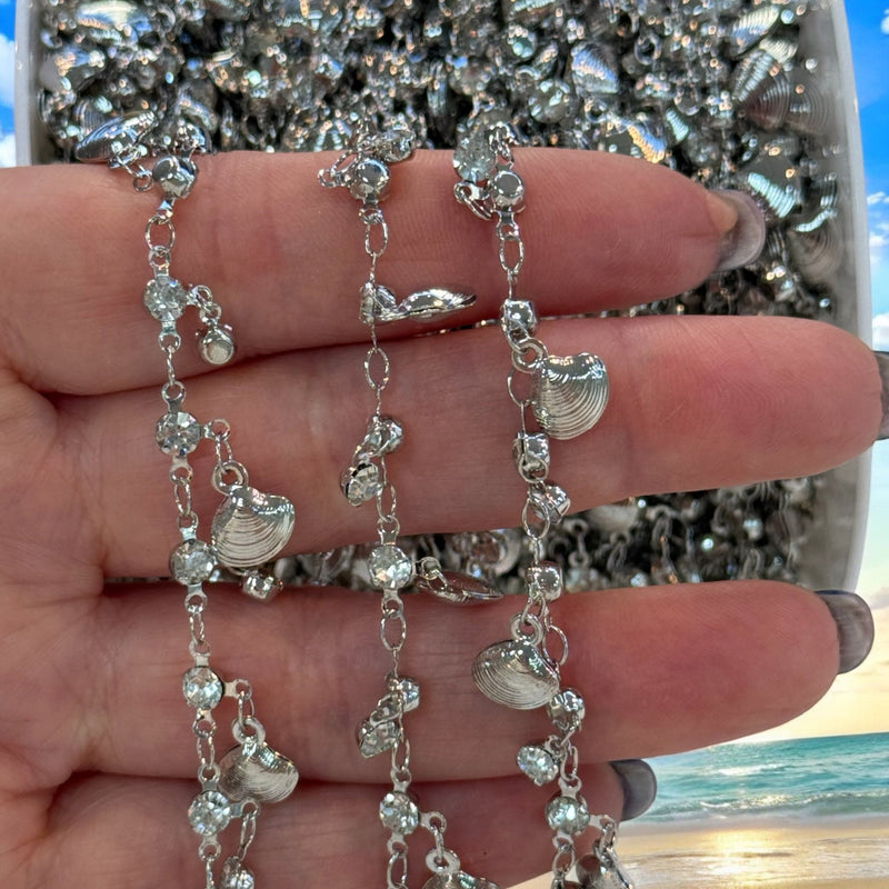 Rhodium Plated Shell & Crystal Charm Chain