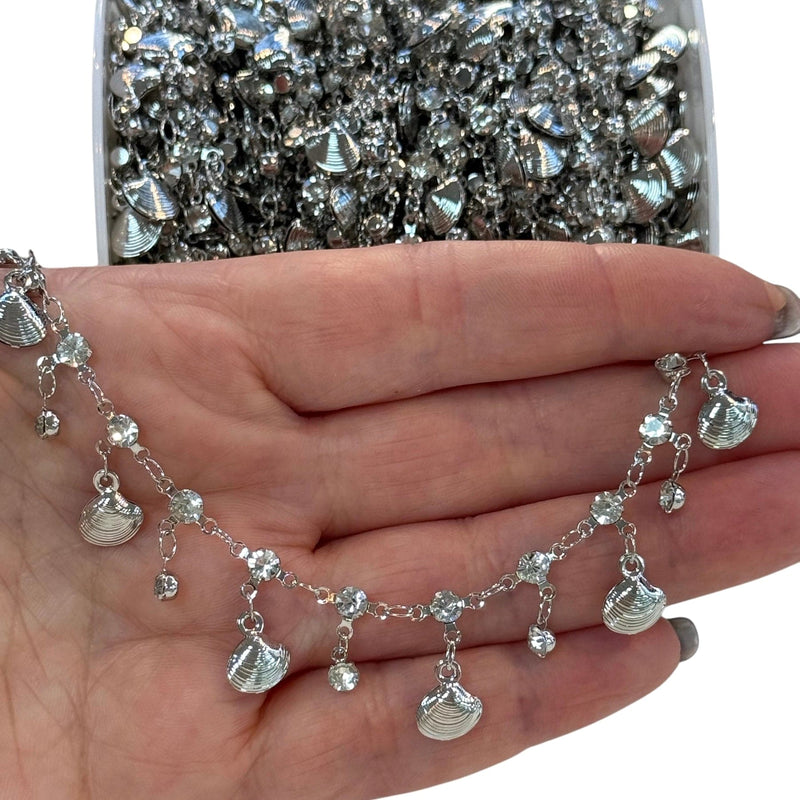Rhodium Plated Shell & Crystal Charm Chain