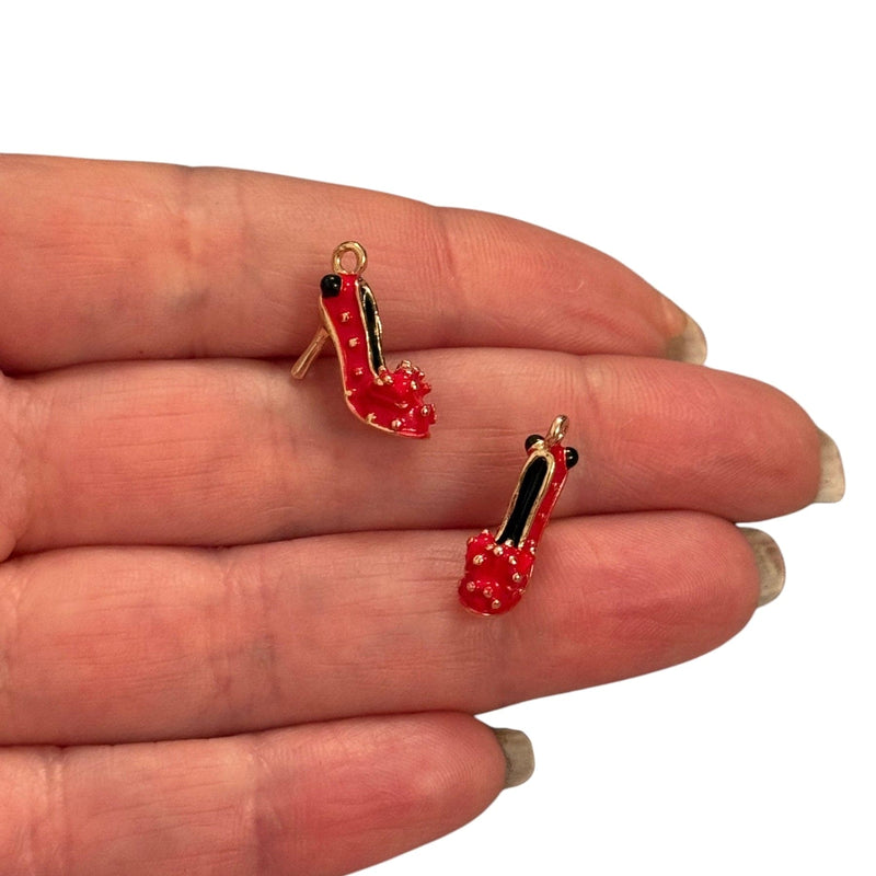 Red High Heel Shoe Charm – 3D Enamelled Brass Pendant | 24K Gold Plated | Mini Stiletto Charm for Necklaces, Earrings, Bracelets