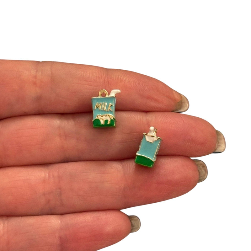 Milk Carton Charm – 3D Enamelled Brass Pendant | Cute Dairy Charm | 24K Gold Plated | Mini Food Charm for Necklaces, Earrings, Bracelets, DIY Jewelry