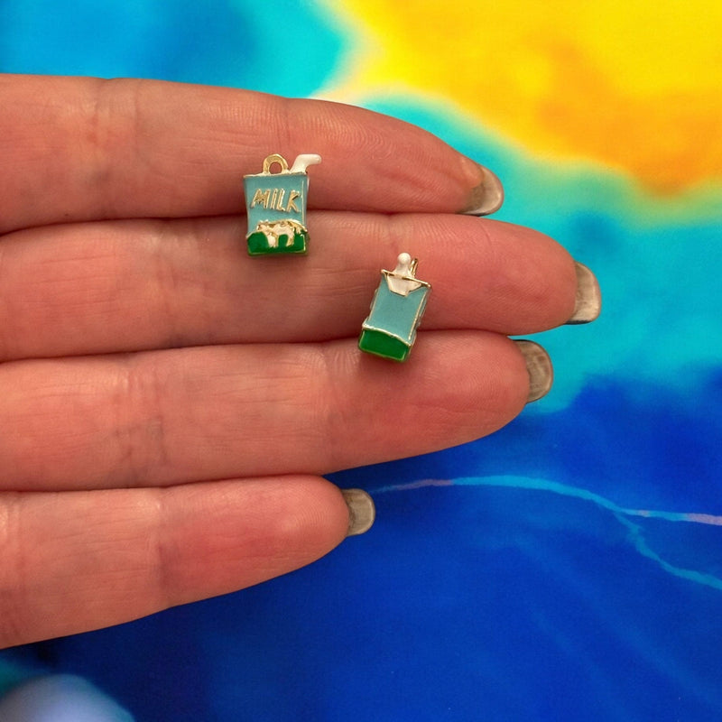 Milk Carton Charm – 3D Enamelled Brass Pendant | Cute Dairy Charm | 24K Gold Plated | Mini Food Charm for Necklaces, Earrings, Bracelets, DIY Jewelry