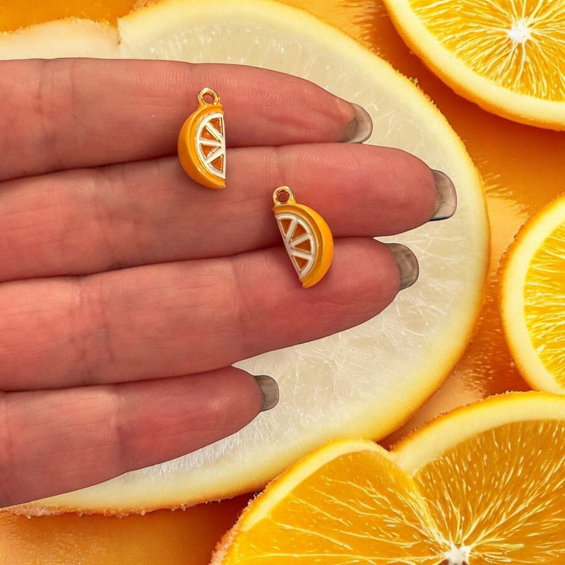 Orange Slice Charm – 3D Enamelled Brass Citrus Wedge Pendant | 24K Gold Plated | Fruit Charm for Earrings, Necklaces, Bracelets, DIY Jewelry