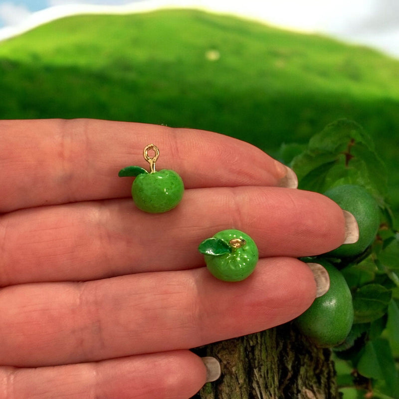 Green Apple Charm – 3D Enamelled Fruit Pendant | 24K Gold Plated Brass | Mini Apple Charm for Necklaces, Bracelets, Earrings, DIY Jewelry