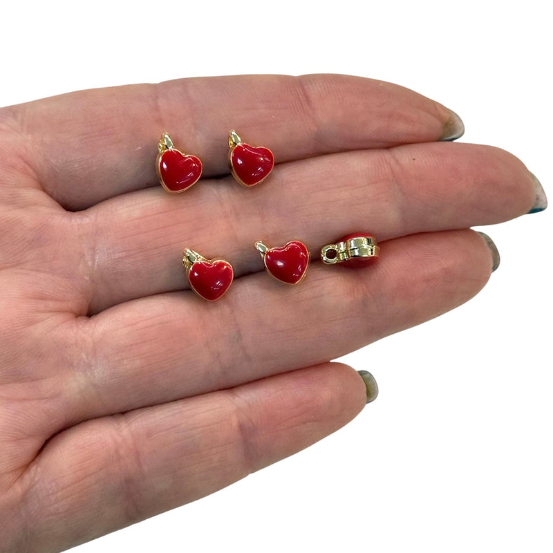24Kt Gold Plated Double Side Red Enamelled Brass Heart Charms, 5 pcs in a pack