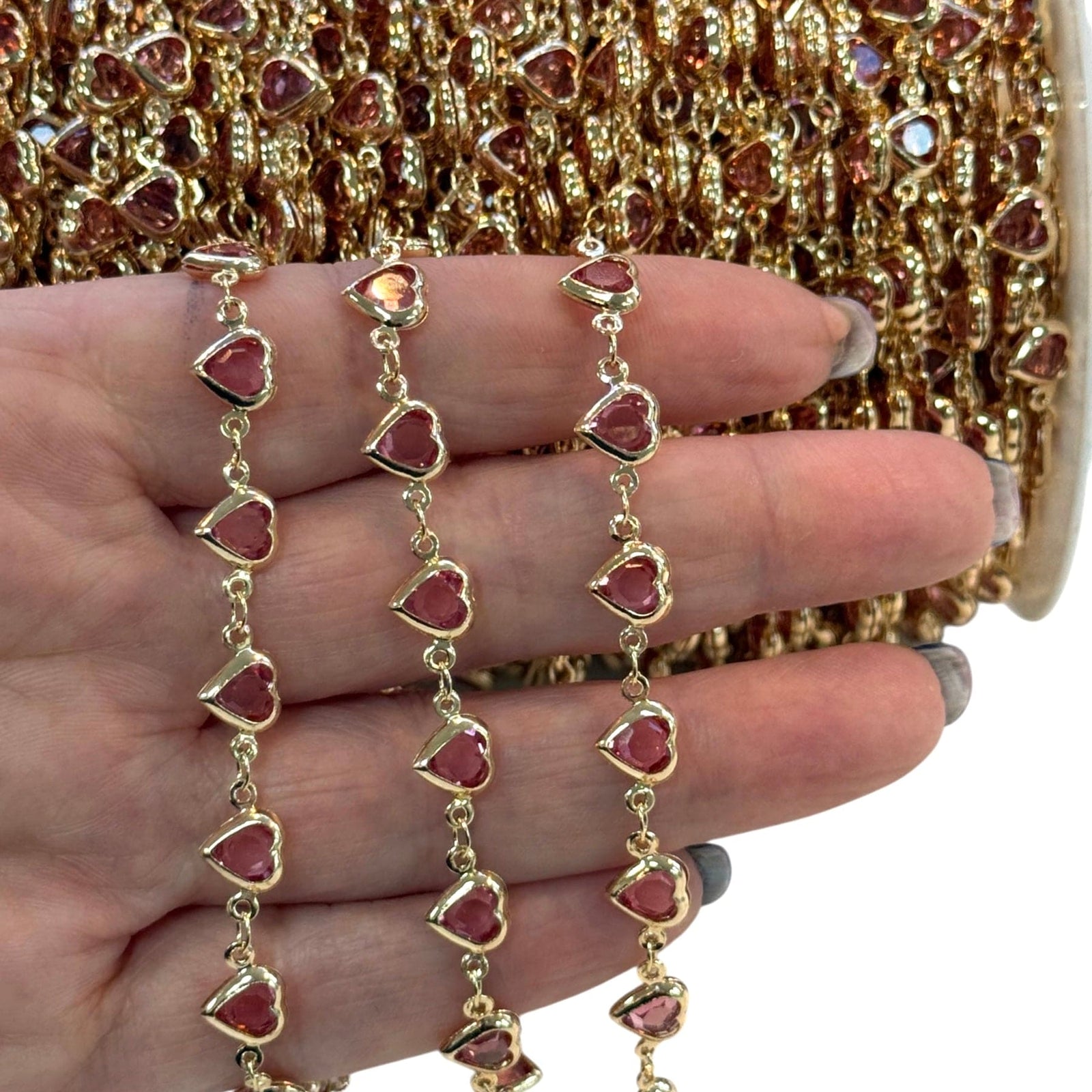 24K Gold Plated CZ Rose Pink Heart Chain – Horizontal Link Design
