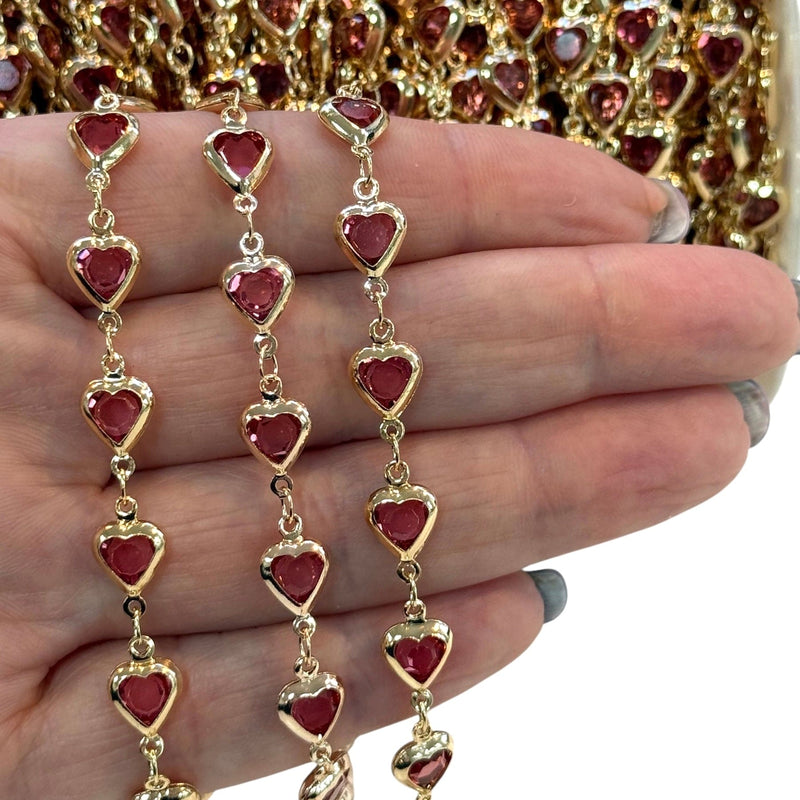 24K Gold Plated CZ Rose Pink Heart Chain – Vertical Link Design