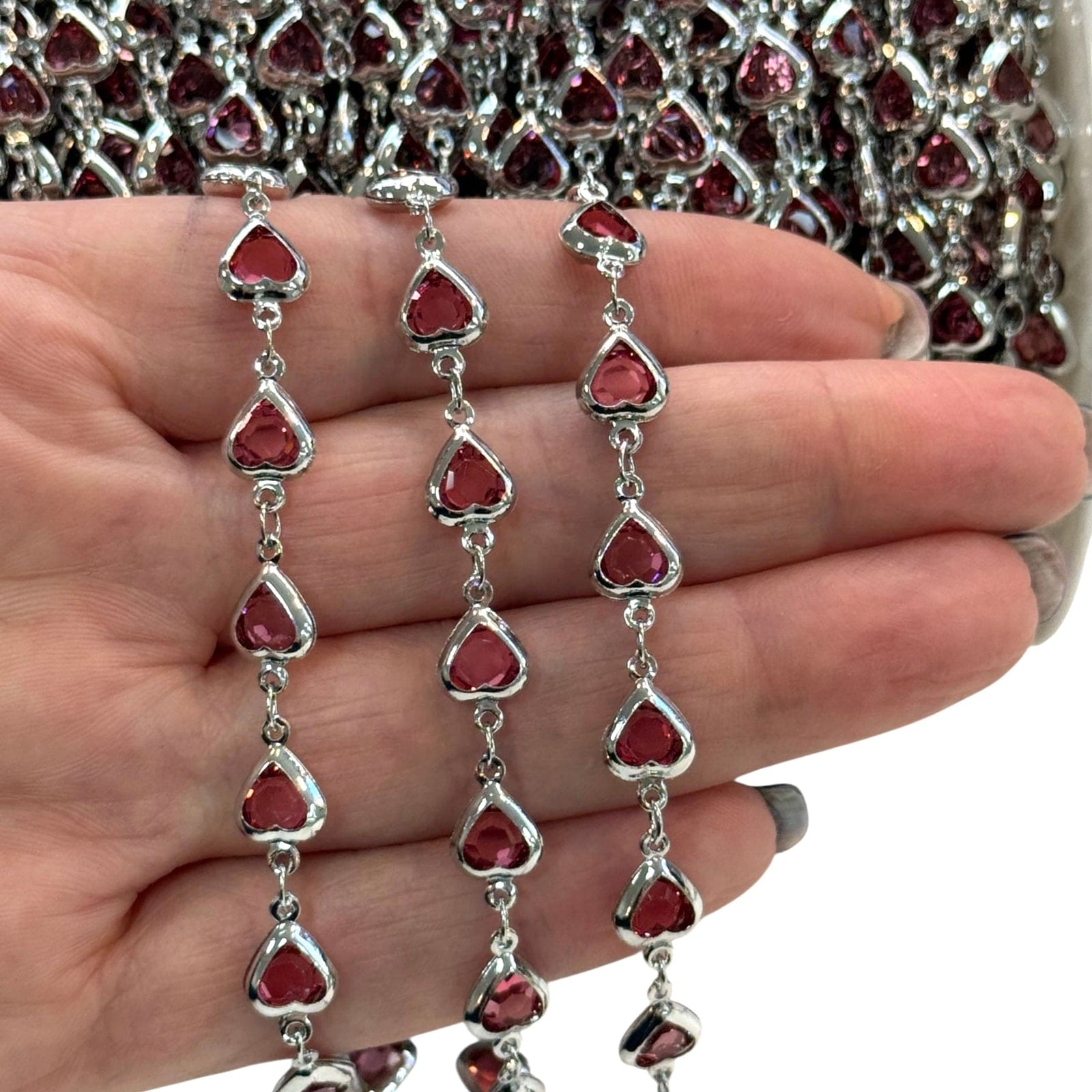 Rhodium Plated CZ Rose Pink Heart Chain – Vertical Link Design