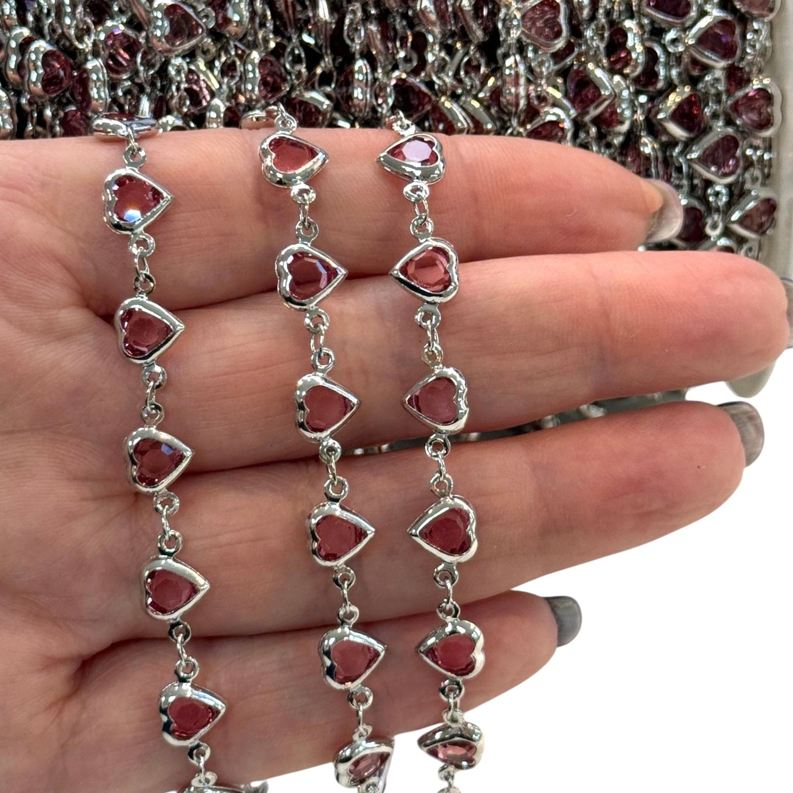 Rhodium Plated CZ Rose Pink Heart Chain – Horizontal Link Design