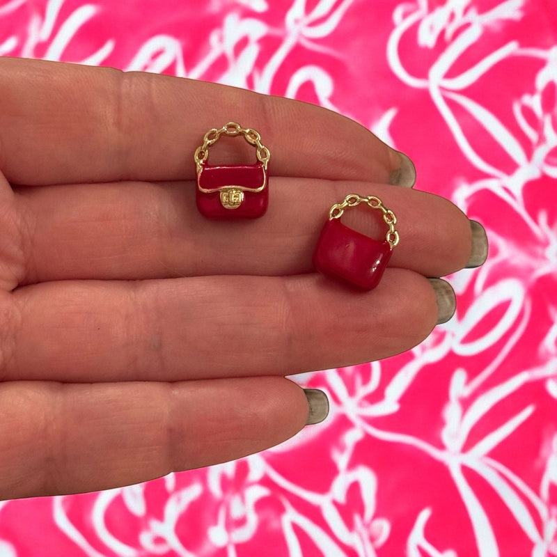 Red Handbag Charm – 3D Enamel Purse Charm, 24K Gold Plated Brass