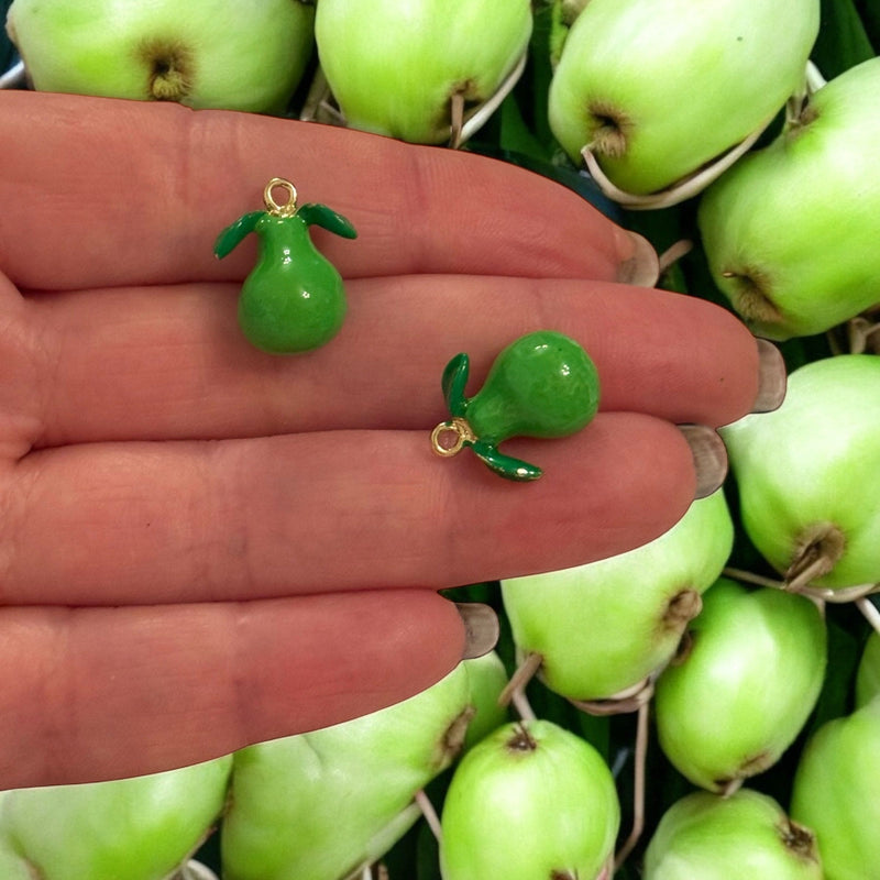 Green Pear Charm – 3D Enamel Fruit Charm , 24K Gold Plated Brass