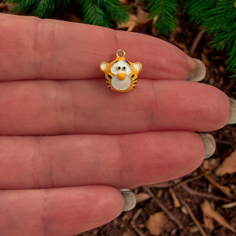 Tiger Face Charm – 3D Enamel Animal Charm, 24K Gold Plated Brass