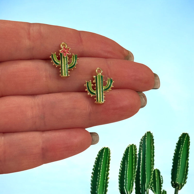 3D Double-Sided Cactus Charm with Pink Flower – Green Enamel Pendant