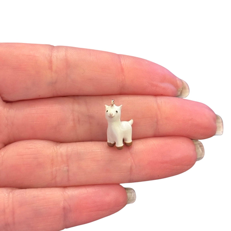 3D Llama Charm – White Enamel Animal Pendant with 24Kt Gold-Plated Details
