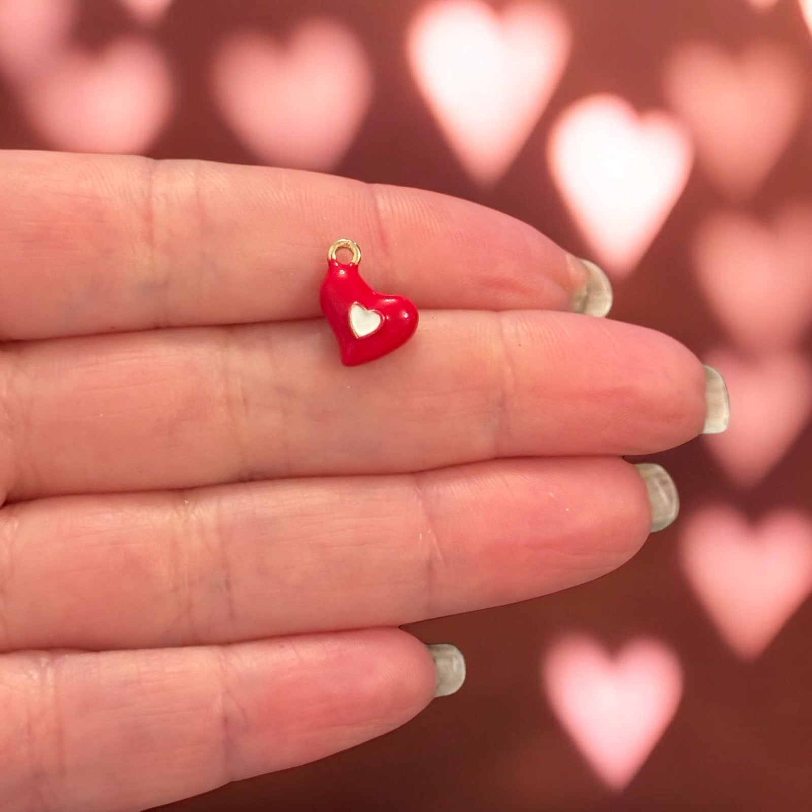 3D Red Heart Charm with White Heart Inset – Double-Sided Enamel Pendant