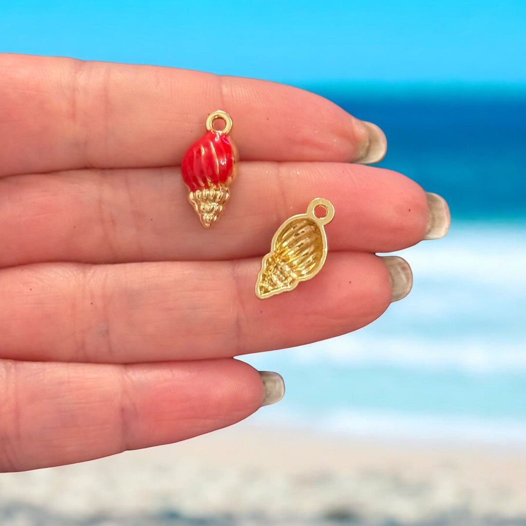 3D Conch Shell Charm – Red Enamel &amp; 24Kt Gold-Plated Ocean Pendant