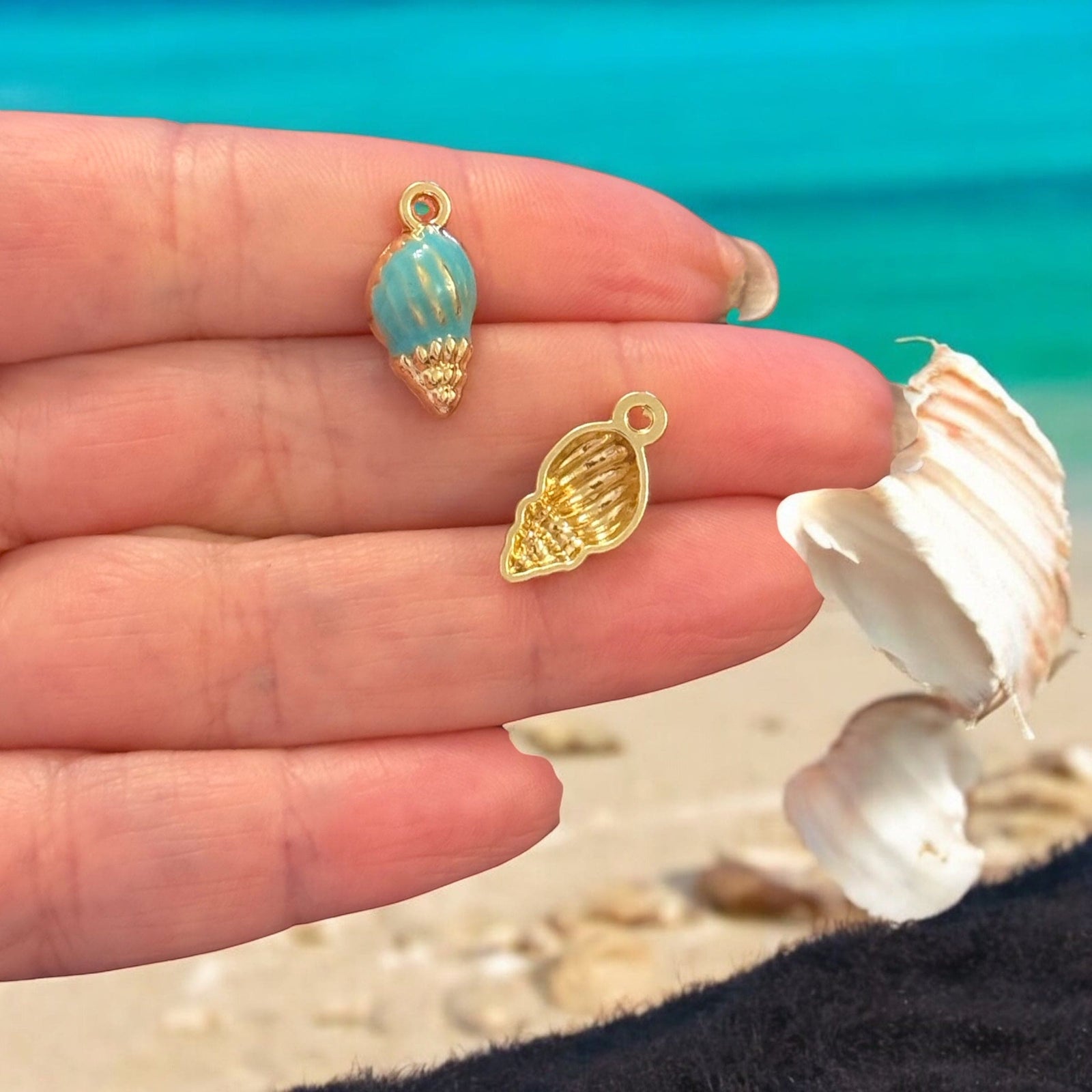 3D Conch Shell Charm – Blue Enamel & 24Kt Gold-Plated Ocean Pendant