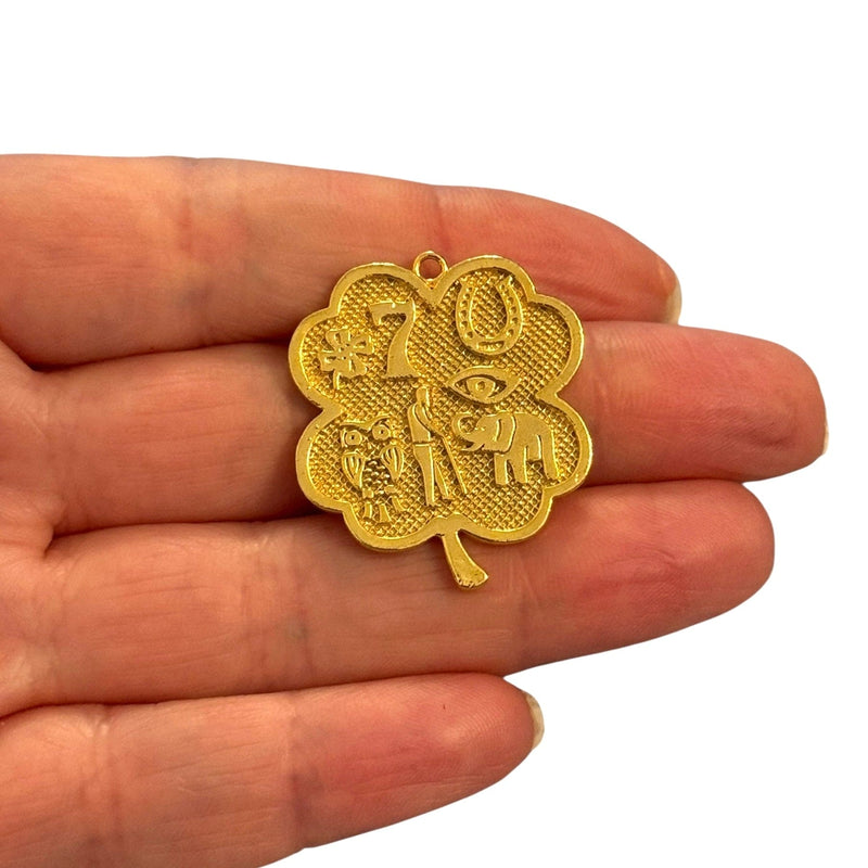 24Kt Gold Plated Four-Leaf Clover Charm with Lucky Symbols – 30x27mm