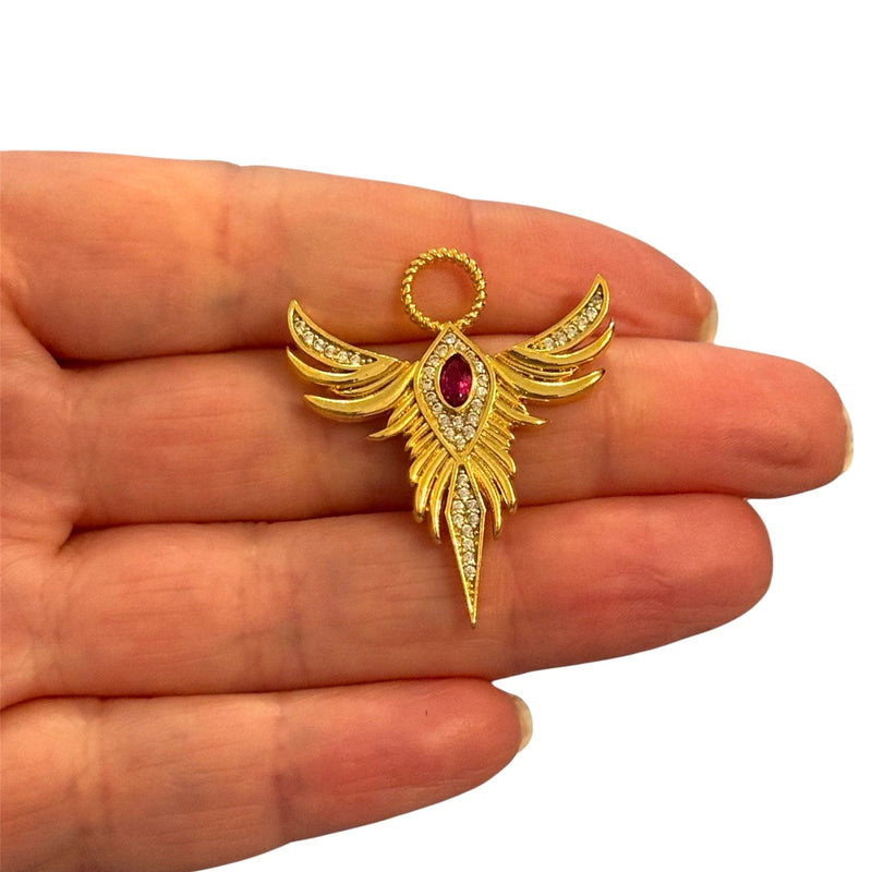 24Kt Gold Plated Phoenix Pendant with CZ – Ruby Center, 35x30mm