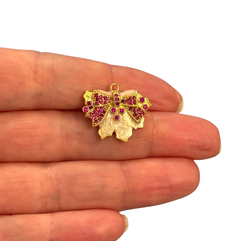 24Kt Gold Plated Bow Pendant with Red CZ – Holly Leaf Detail, 18x21mm