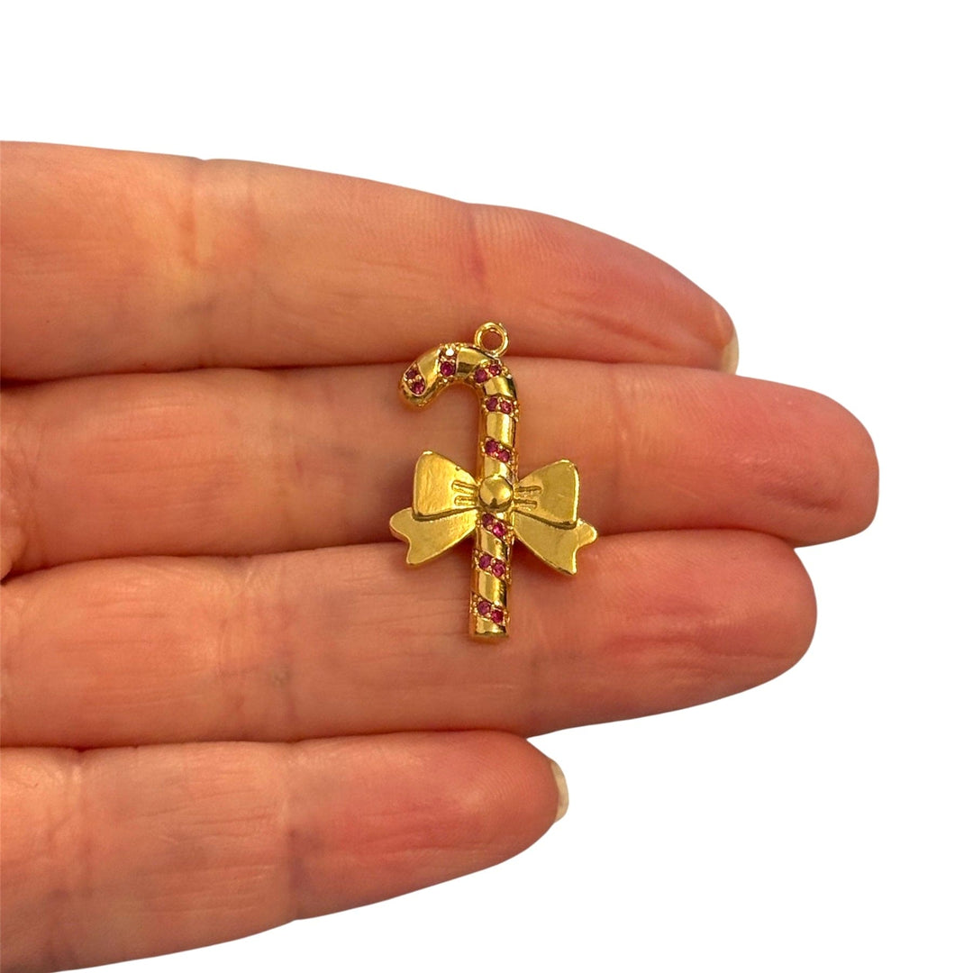 24Kt Gold Plated Candy Cane Charm with Red CZ &amp; Bow – 26x20mm