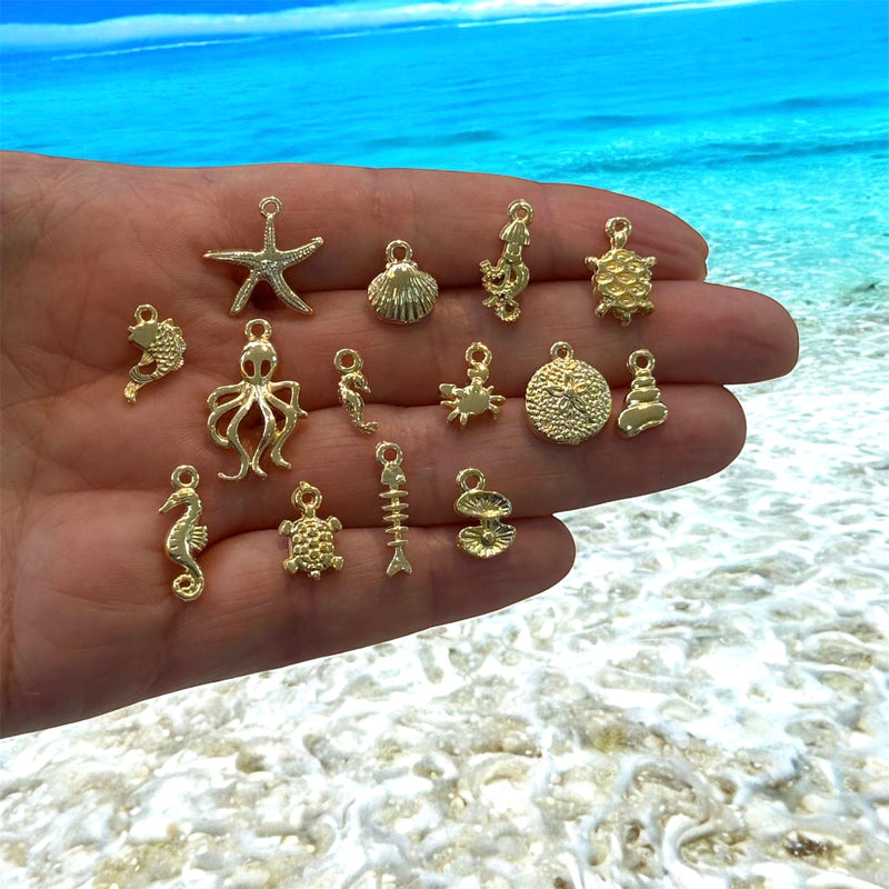 24Kt Gold Plated Under The Sea Charms Collection, 14 Charms in a pack