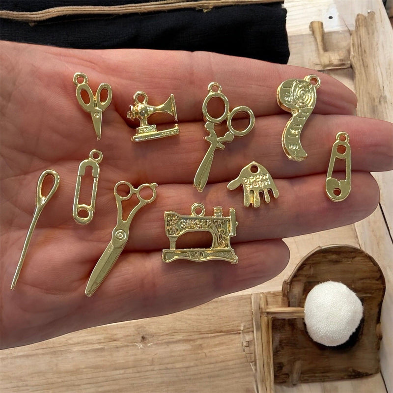 24Kt Gold Plated Sewing Charms Collection, 10 Charms in a pack
