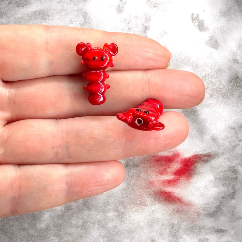 Murano Glass Red Lobster Charm – Handmade Lampwork Bead, 24x15mm, Vertical Hole 1.7mm