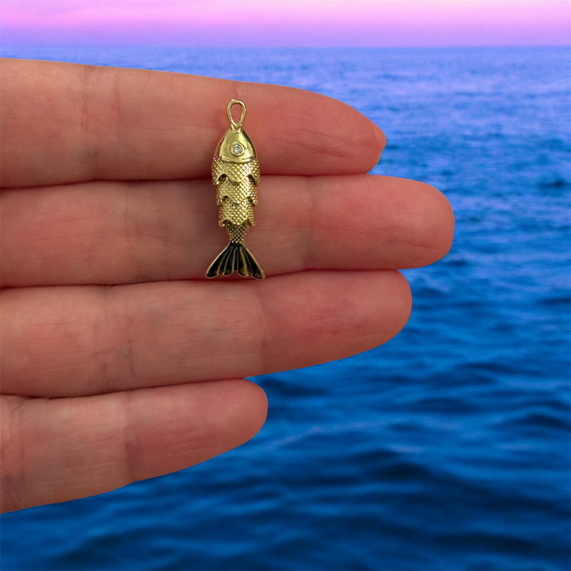 24K Gold Plated Articulated Gold Fish Pendant – 3D Moving Fish Charm, 4-Segment Design