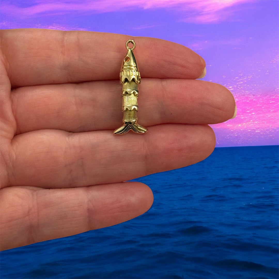 24K Gold Plated Articulated Gold Fish Pendant – 3D Moving Fish Charm, 4-Segment Design