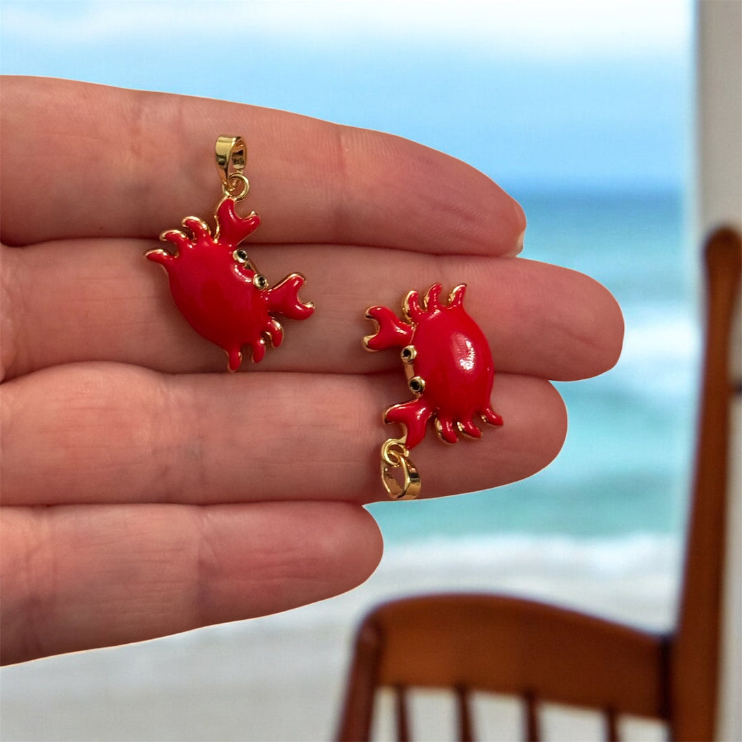 Gold Red Enamel Crab Charm Pendant
