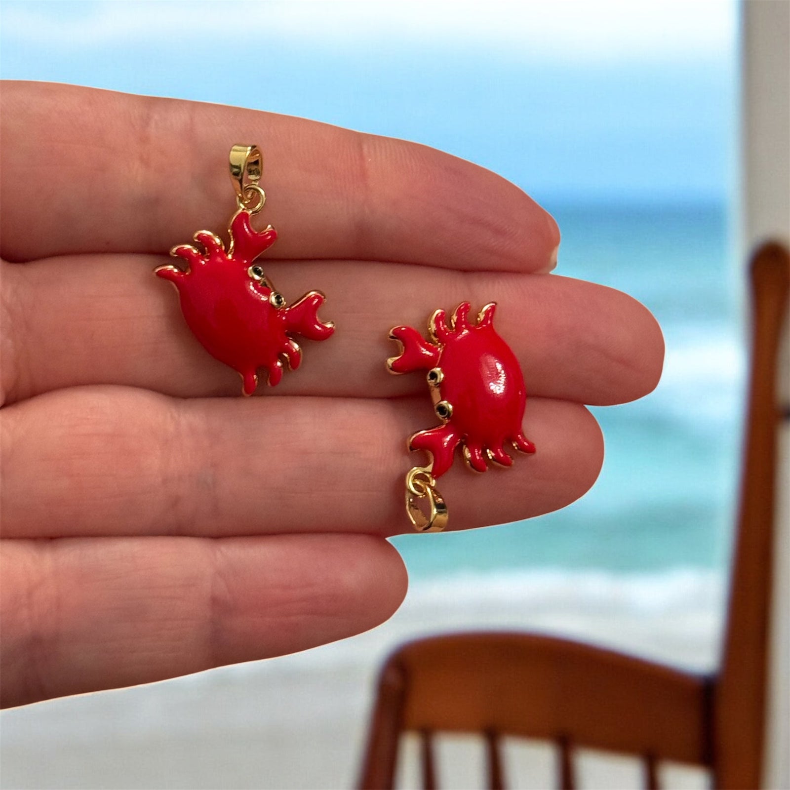 Gold Red Enamel Crab Charm Pendant