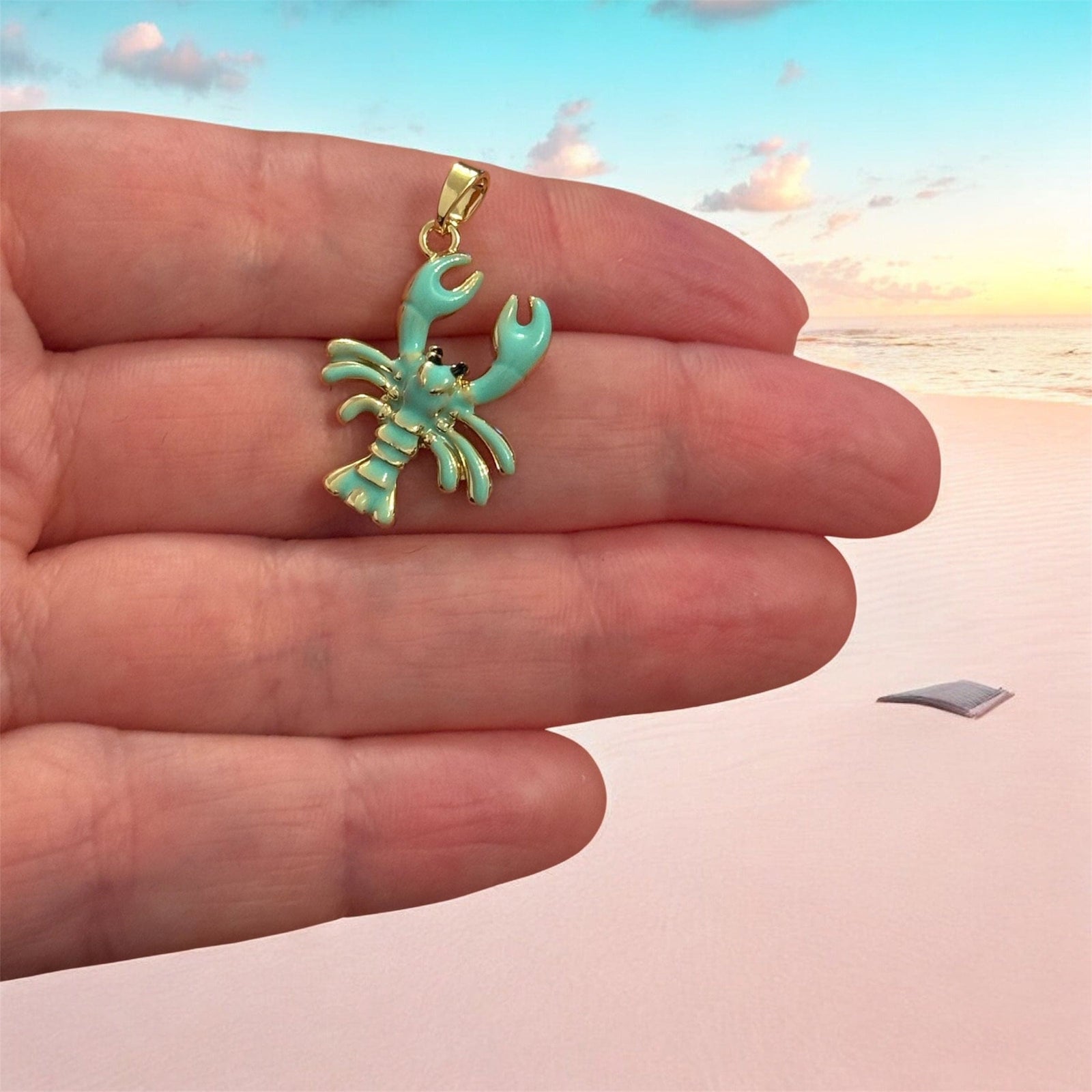 Gold Mint Enamel Lobster Charm Pendant