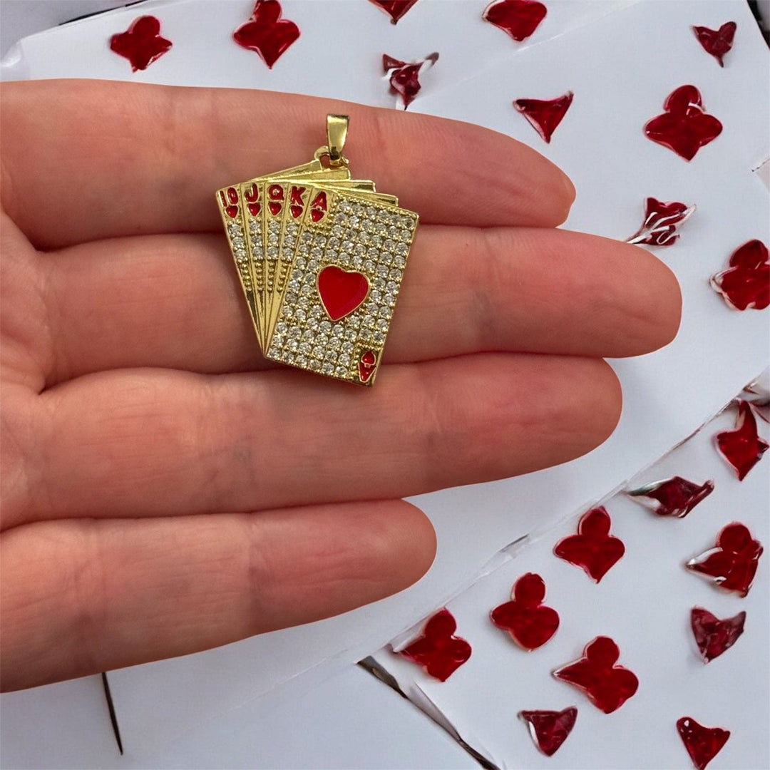 Royal Flush of Hearts Pendant – 24K Gold Plated CZ Poker Charm