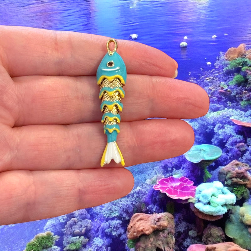 24Kt Gold Plated Enamel Fish Pendant – Articulated Fish Charm, 3D 5-Segment Design