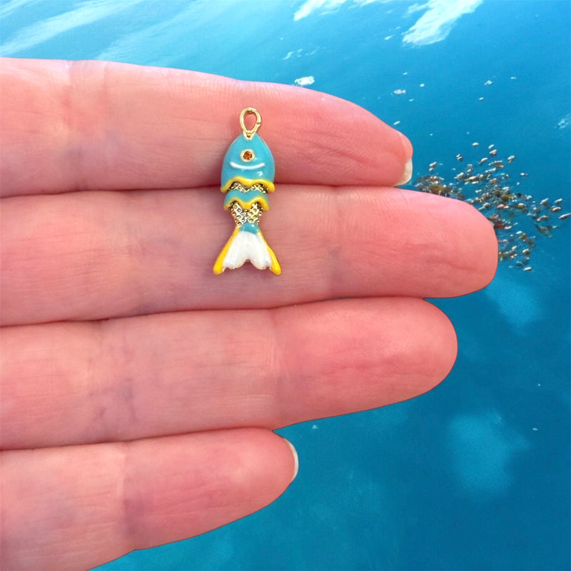 24Kt Gold Plated Enamel Fish Pendant – Articulated Fish Charm, 3D 3-Segment Design