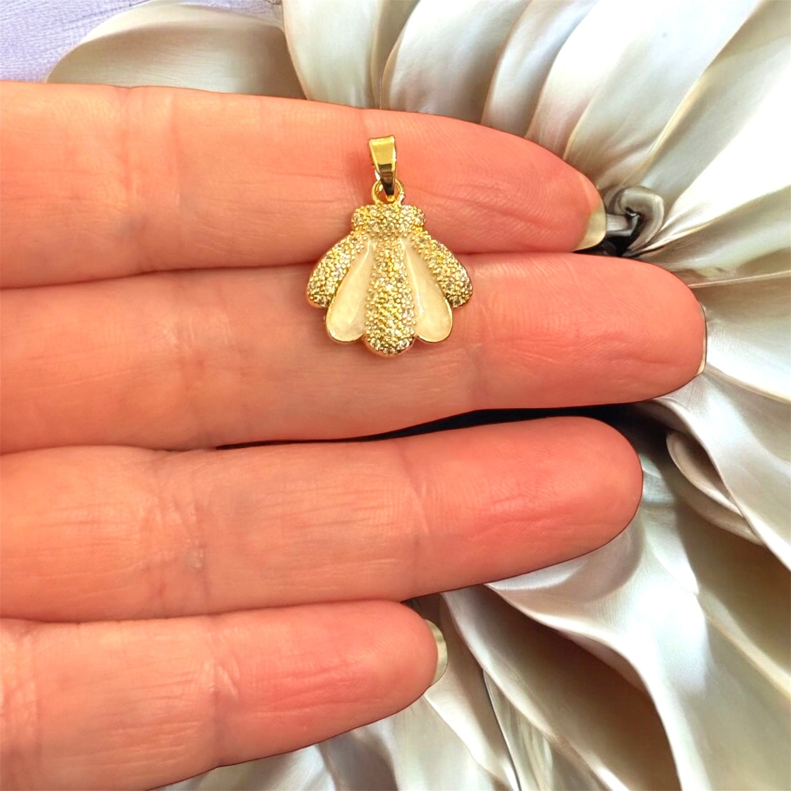 24Kt Gold Plated Enamel Shell Charm-Ivory Oyster Pendant with CZ and Bail