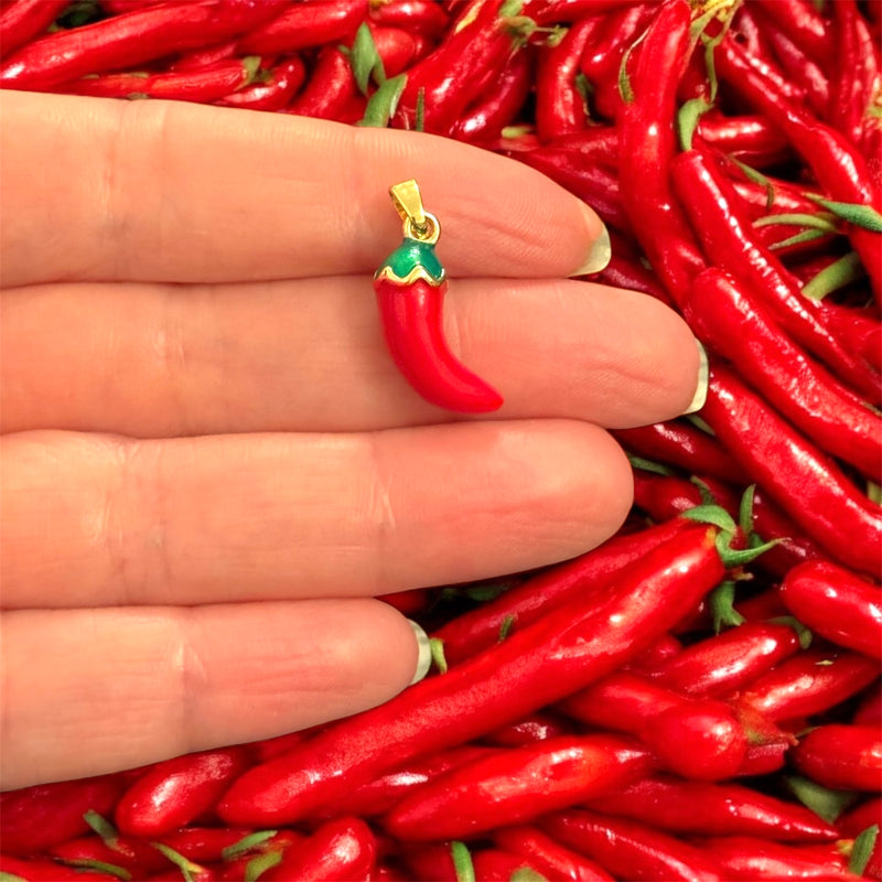 3D Red Chili Pepper Pendant – Enamelled Brass with 24Kt Gold Plated Bail