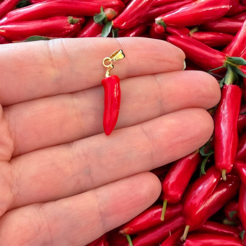 3D Red Chili Pepper Pendant – Enamelled Brass with 24Kt Gold Plated Bail