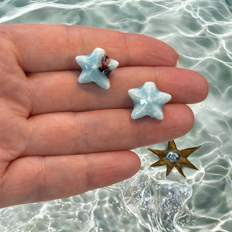 Handmade Ceramic Starfish Beads – Set of 2, Light Blue