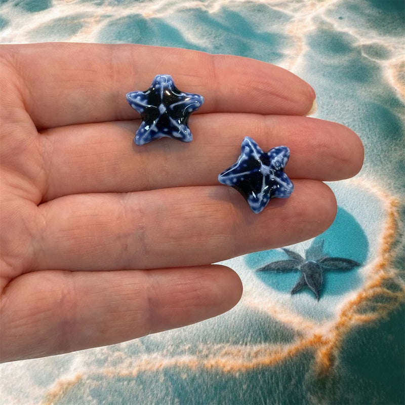 Handmade Ceramic Starfish Beads – Set of 2, Navy Blue