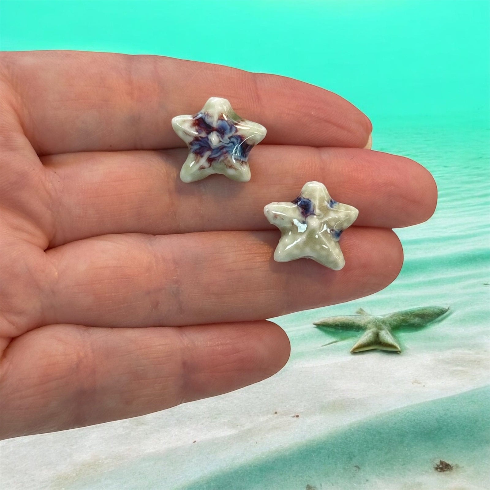 Handmade Ceramic Starfish Beads – Set of 2, Soft Green