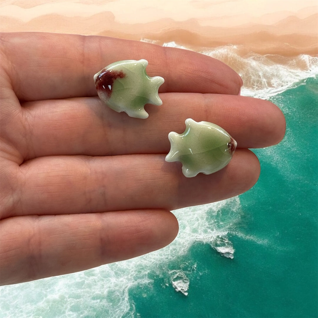 Handmade Ceramic Fish Beads – Set of 2, Soft Green